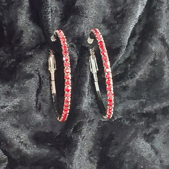Jewelry - RED RHINESTONE HOOP PIERCED EARRINGS